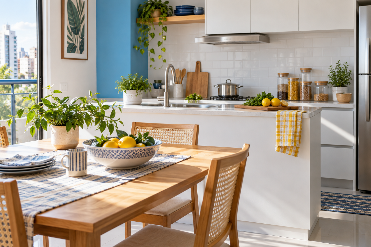 Cozinha iluminada, com detalhes em azul e amarelo. Ambiente ilustrativo.